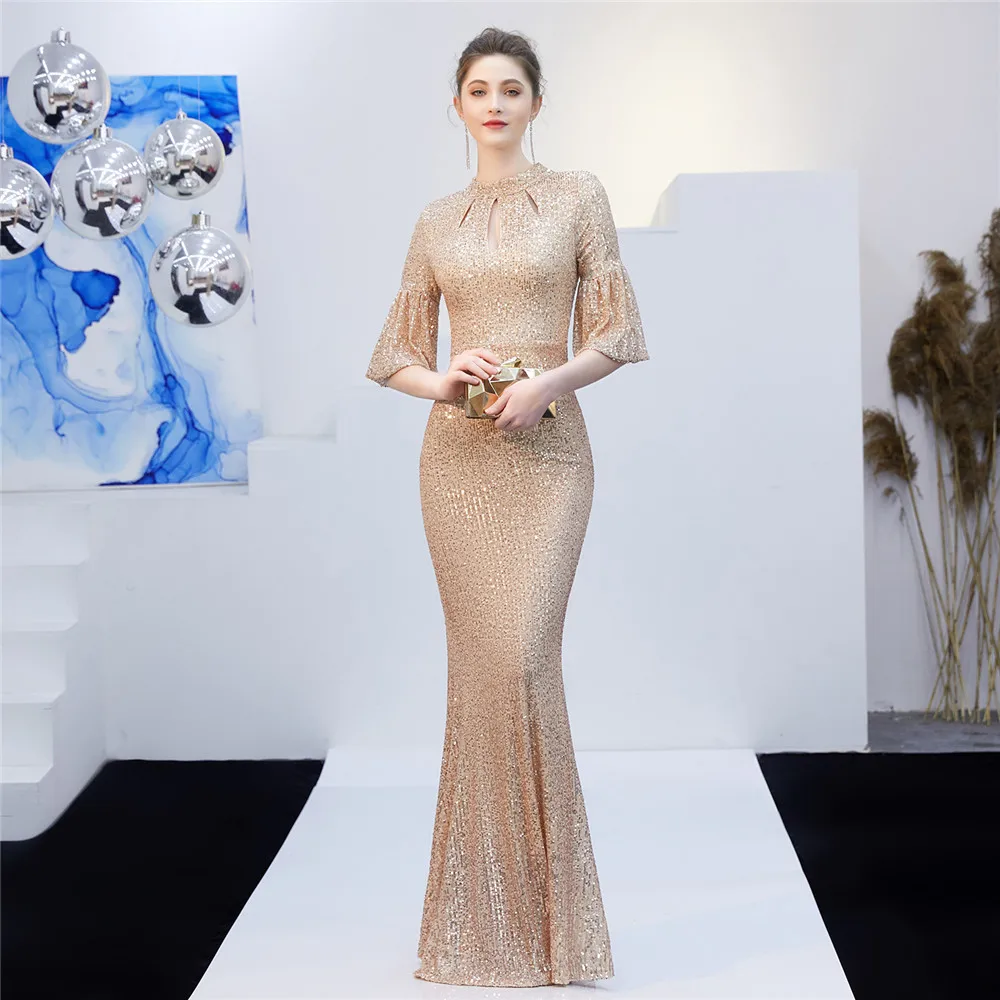 Gold Sequin Dress Short Sleeve Sequin Mermaid Evening Cocktail Long Dress