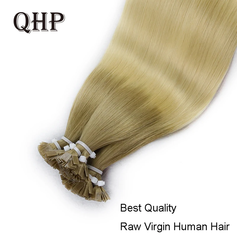 

QHP Flat Tip Hair Extensions 100% Raw Virgin Human Hair Stick Keratin Capsules Pre Bonded Color Straight Brazil 50pcs 1g/pc