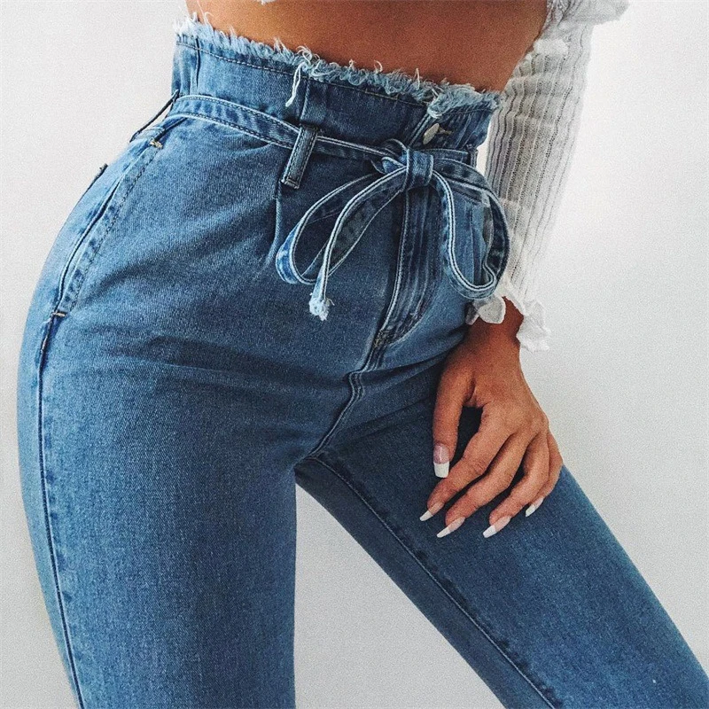 Fashion Bow Lace Up Women Leggings Jeans Sexy High Waist Push Up Slimming Pencil Pants Female Summer Oversized Stretchy Denim