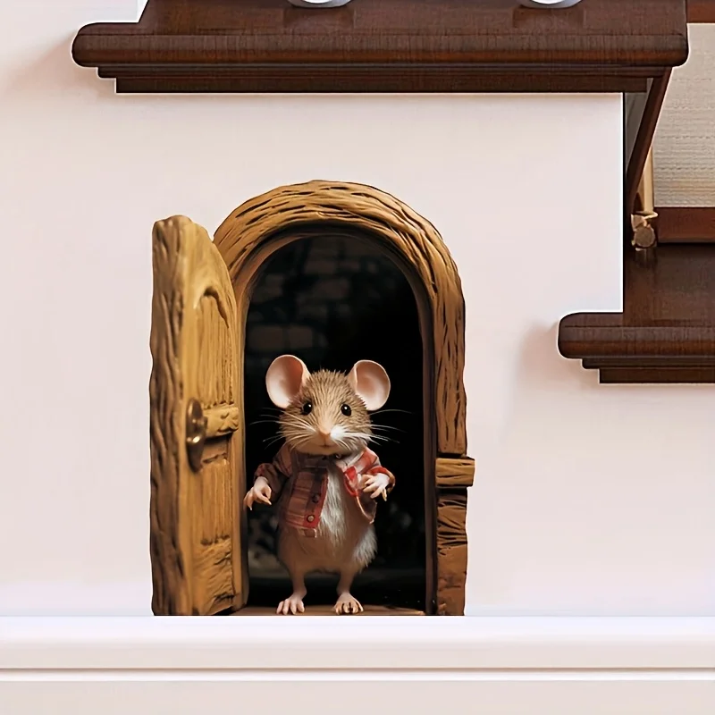 1pc Mouse Open Door Sticker Mouse Home Decorative Wall Art Wall Decor Bedroom Room Wall Decoration 2D Flat Self-adhesive Decal