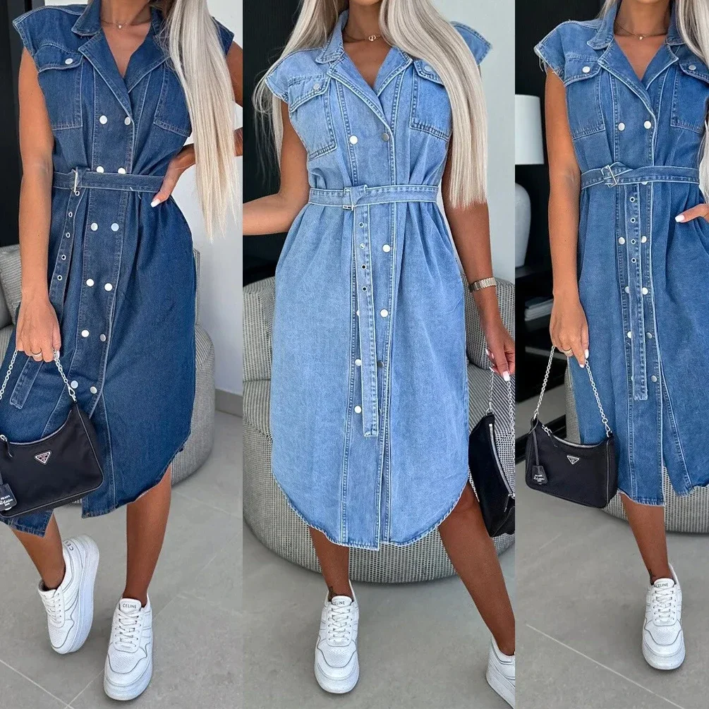 

Shirt Dress Denim 2025 New Jeans Dresses Women Casual Turn Down Collar Lantern Sleeve Loose Single Breasted A Line Vestidos