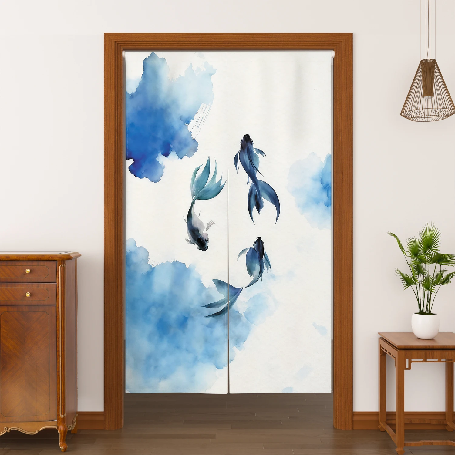 Japanese Style Noren Door Curtains Fuji Mountain Koi Fish Wave Linen Doorway Curtains Entryway Partition Kitchen Half-curtains