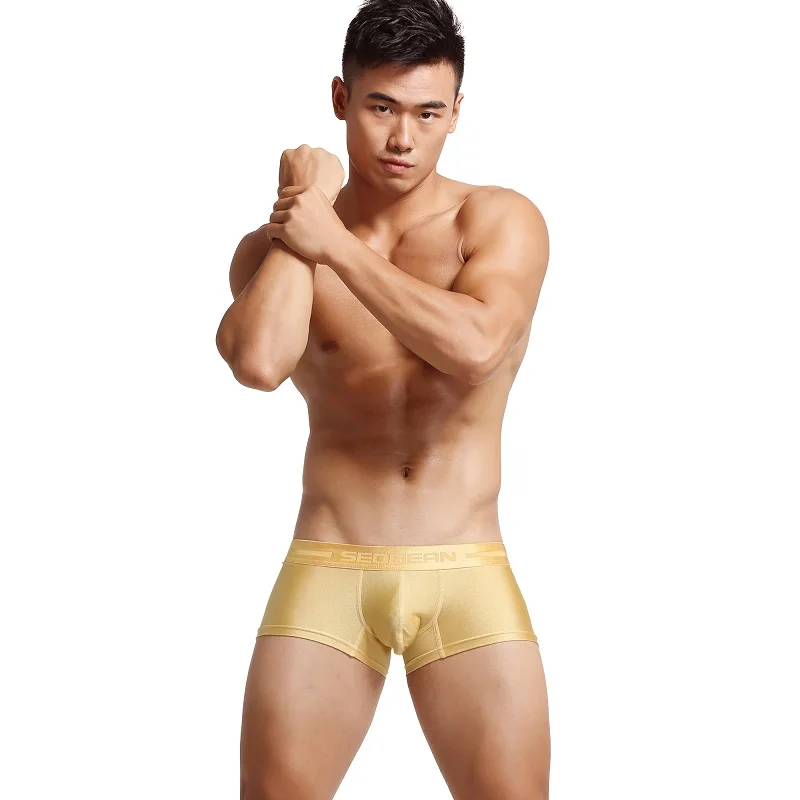 

Men's flat underwear, ice silk high elasticity low waist fashionable solid color gold silver youth