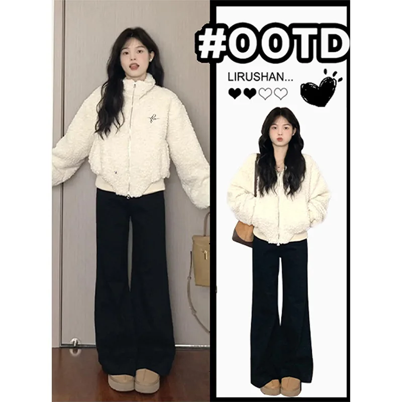

Белая куртка для отдыха, женская осенняя утолщенная короткая плюшевая куртка ранней осени, теплая одинаковая верхняя одежда, модная женская одежда