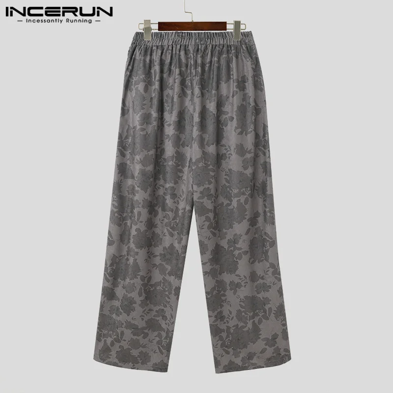 Incerun-largas calças de veludo para homens, calças de cintura elástica com impressão de flores, streetwear longo, moda casual, 2024