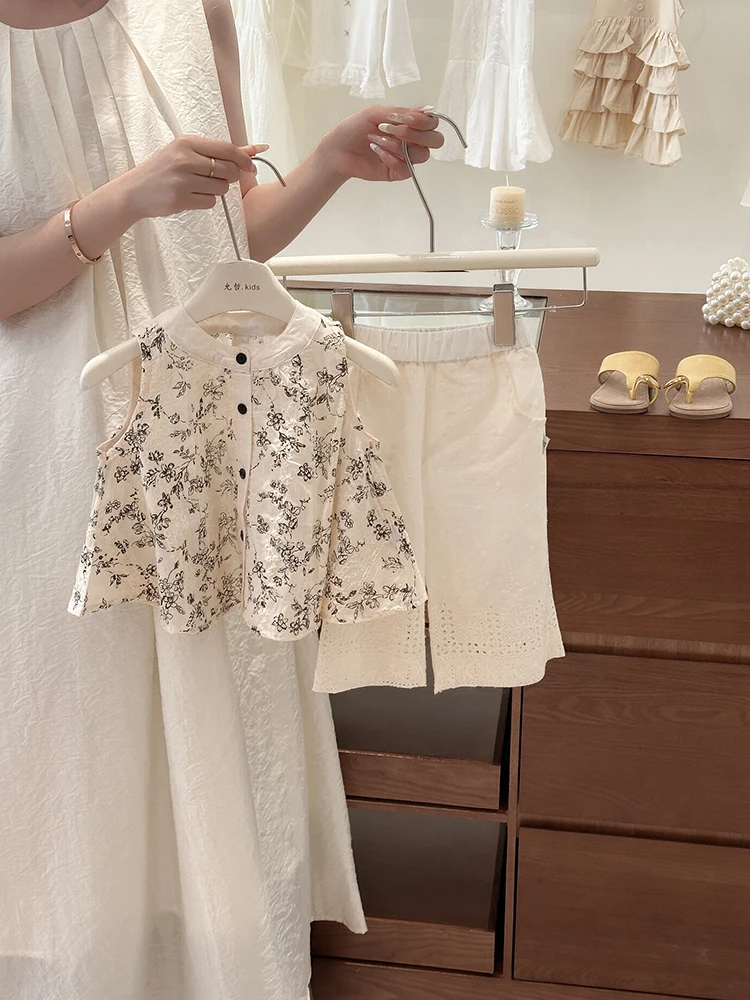 

New Chinese Style Floral Print Summer Outfit for Girls Baby Girls Wide Leg Pants Sleeveless Shirt Breathable Comfortable Fash...