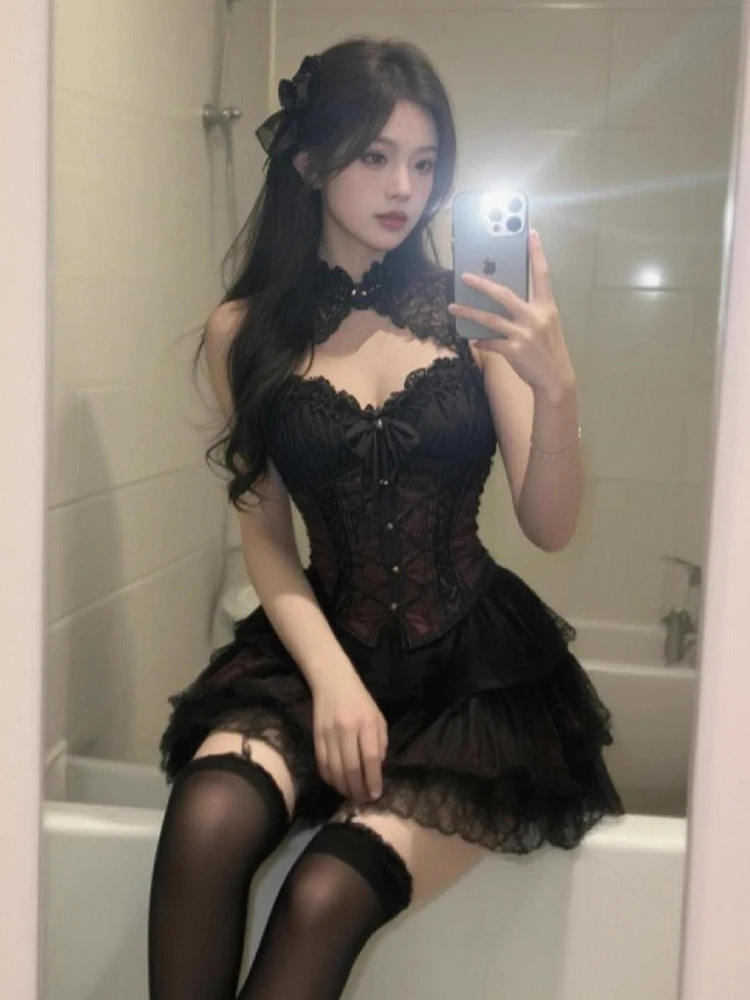 Japanese Y2K Gothic Strapless Suit Women Harajuku Lace Patchwork Streetwear Slim Mini Skirts Sweet Lolita Black 2 Piece Set New