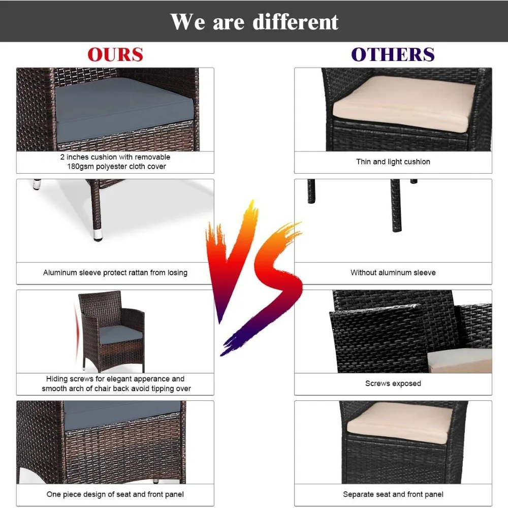 طقم أثاث الفناء مكون من 3 قطع، طقم محادثة من الخيزران الخارجي مع طاولة قهوة وكراسي ووسائد سميكة، مناسب