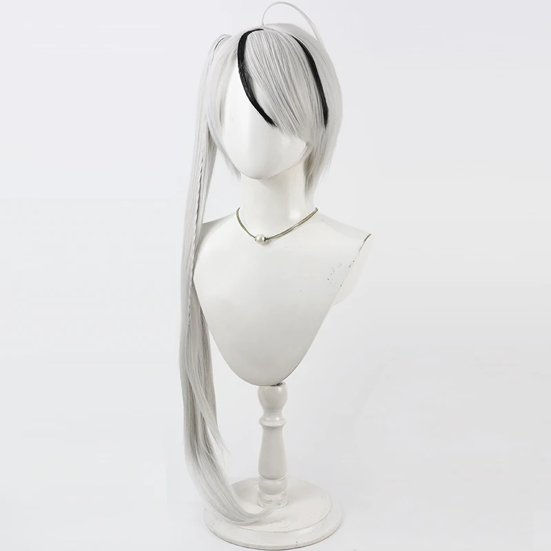 Biblioteca di Ruina Yan Vismok Parrucca Cosplay Anime Coda di cavallo lunga Resistente al calore Capelli grigi bianchi Puntelli per feste di Halloween per donne Ragazze