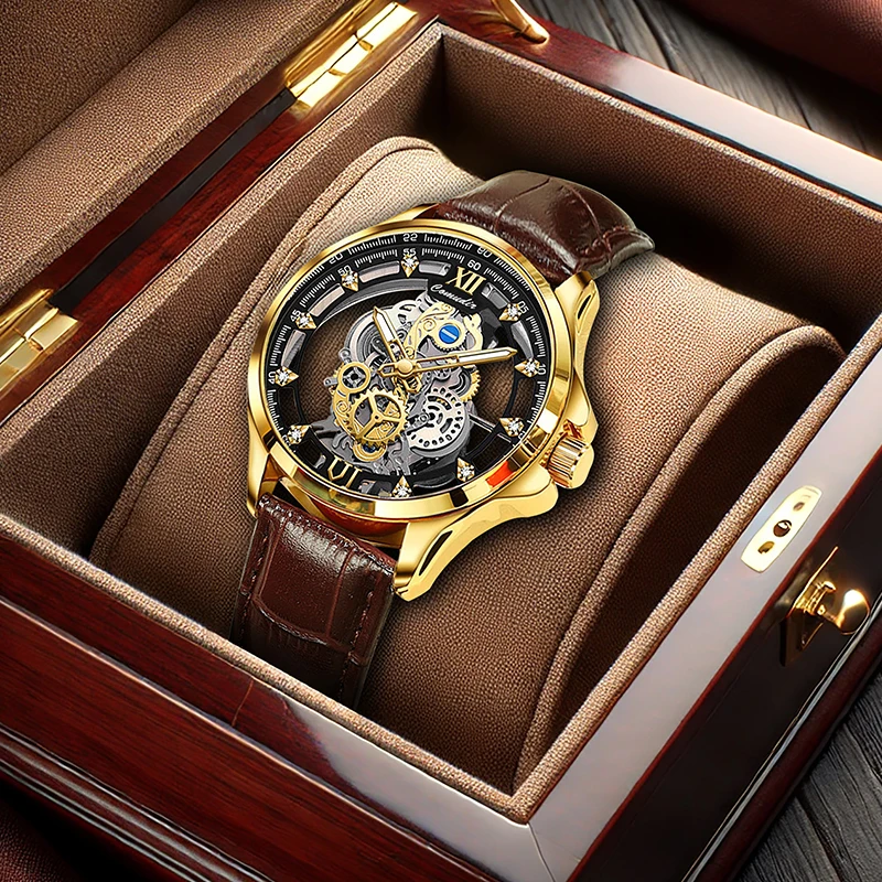 

A men's classic vintage-style skeleton luminous quartz watch with diamonds, featuring a high-appearance brown PU leather strap