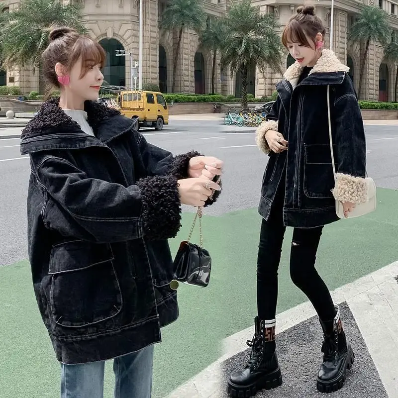 

Denim Coat Good Quality Fur Plush Womens Autumn Softshell Cropped College Style Modern Professional Urban Office Standneck Daily