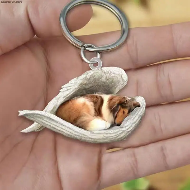 

2D Cute Sleeping Dog Angel Wings Acrylic Key Chains Animal Keychain For Women Girls Female Holder Car Key Kids Gift Drop Ship