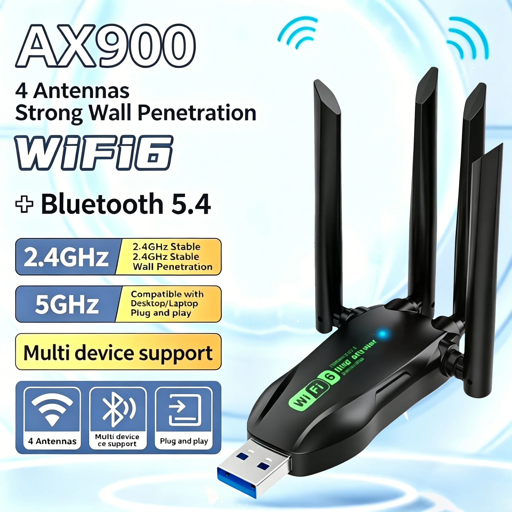 

AX900WIFI6 Bluetooth 5.4 USB Wireless Adapter2.4G/5Ghz 900Mbps Dual Band 4-Antennas WiFi Network Card Dongle Only For WIN10/11