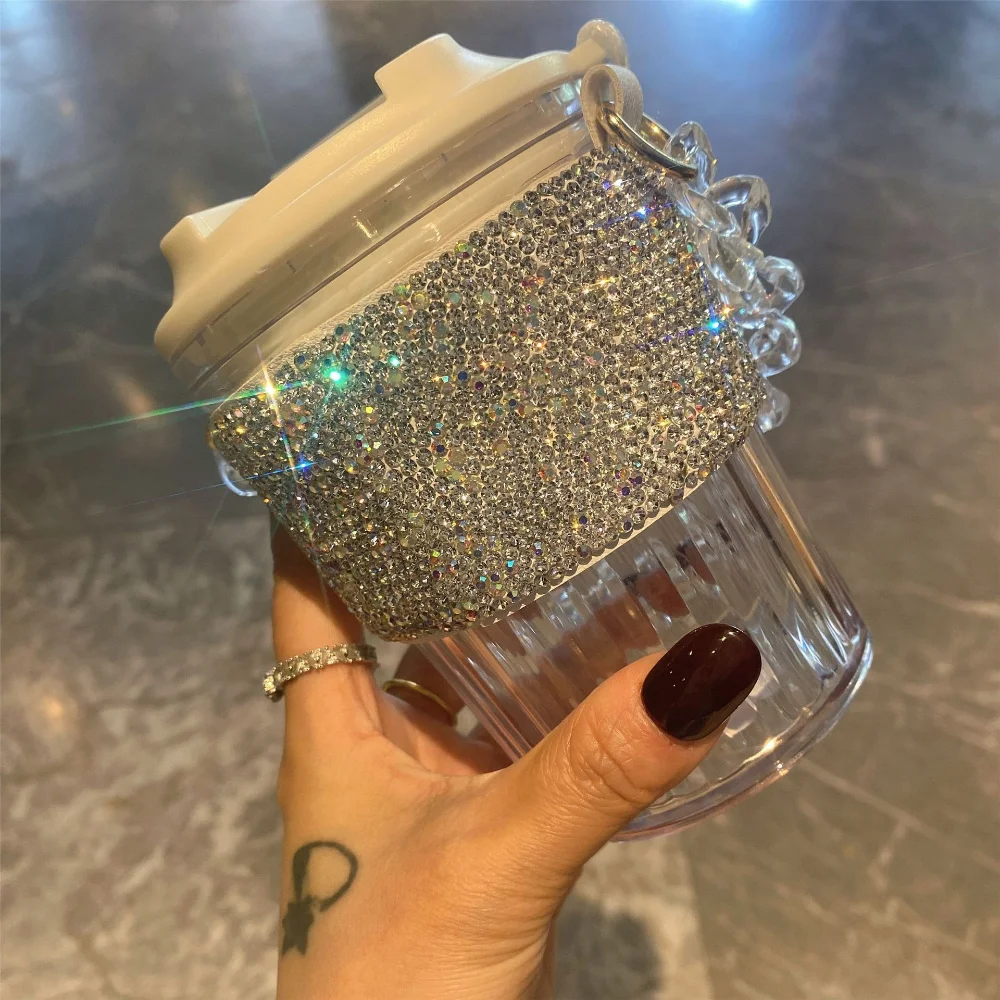 Bling Bling Rhinestone Coffee Cup Large Capacity Portable Direct Drink Cup Chain Handheld Water Cup Graduation Wedding Gift