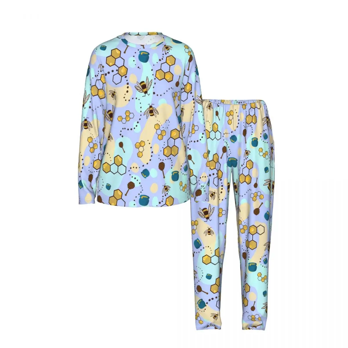 Honey Bee Combs Repeating Pattern Round Neck Long Sleeve Nightgowns for Sleeping Sleepshirts Women Soft Pajama Set Long Pants