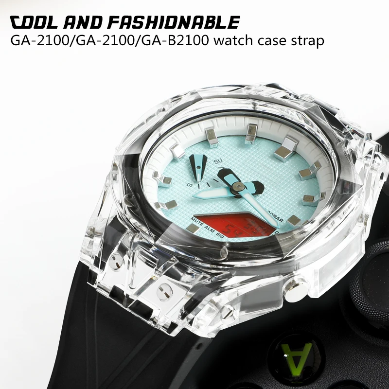 متوافق مع GA-2100/2110/B2100 ملحقات ساعة بحزام مطاطي شفاف من خشب البلوط المزرعة.