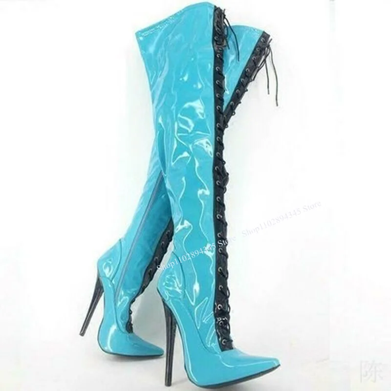 Blue Lace Up Over Knee High Boots Pointed Toe Thin High Heel Fashion Sexy Summer Casual Big Size Woman Shoes Zapatillas Mujer