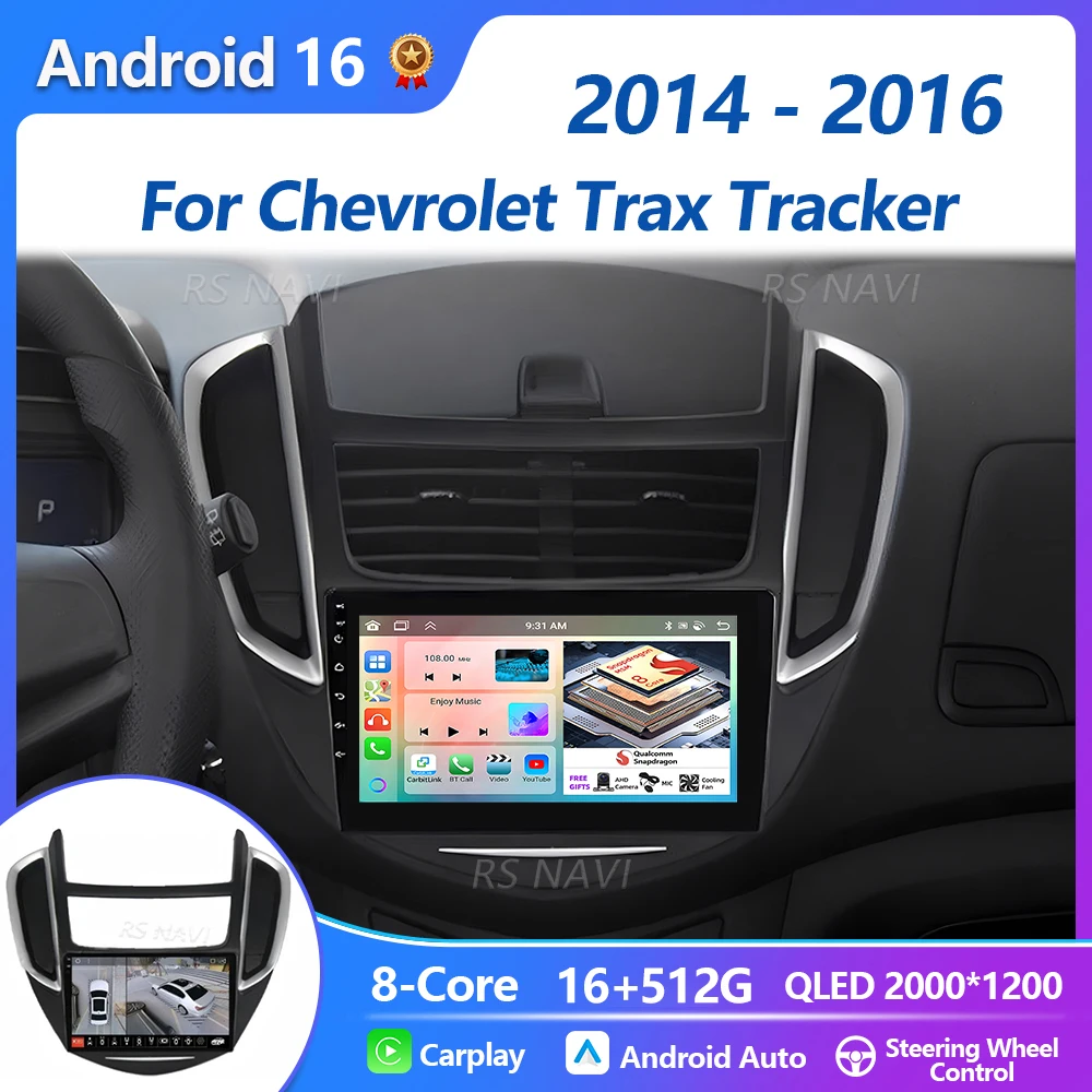 Radio para Auto con Pantalla Qualcomm, Android 16 Carplay, Plug and Play, Reproductor Multimedia Estéreo para Chevrolet Trax Tracker 2014-2016