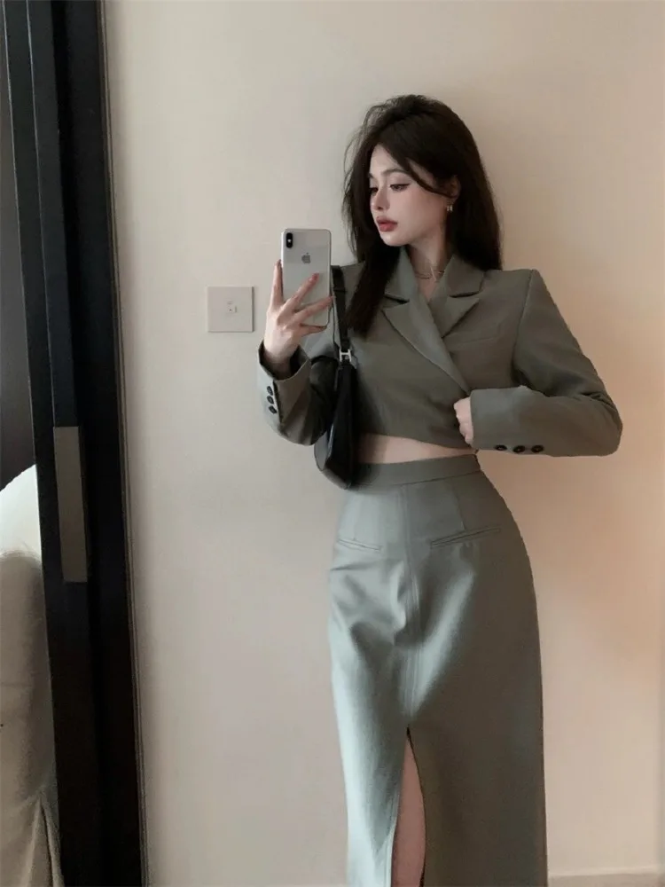 UNXX Spring Irregular Long Sleeve Suit Jacket Skirt Two-piece Set Women Fashion Lapel Temperament Korean Spicy Solid Slim Suit