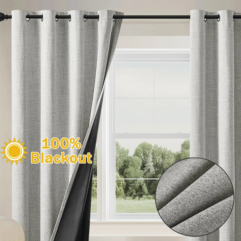 

Lightweight 100%Blackout Curtains Double Sided Linen Thermal Insulated Window Drapes UV Protection for Living Room Bedroom Decor