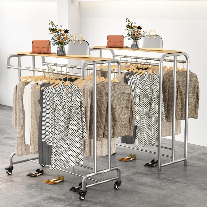 

Clothing store display rack Floor-to-ceiling women's clothing double-row hanger Stainless steel thickened Nakajima display