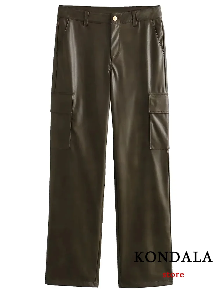 KONDALA Vintage Casual Women Leathe Pants Solid Zipper Single Button Loose Straight Pants Fashion 2023 Autumn Streetear Trousers