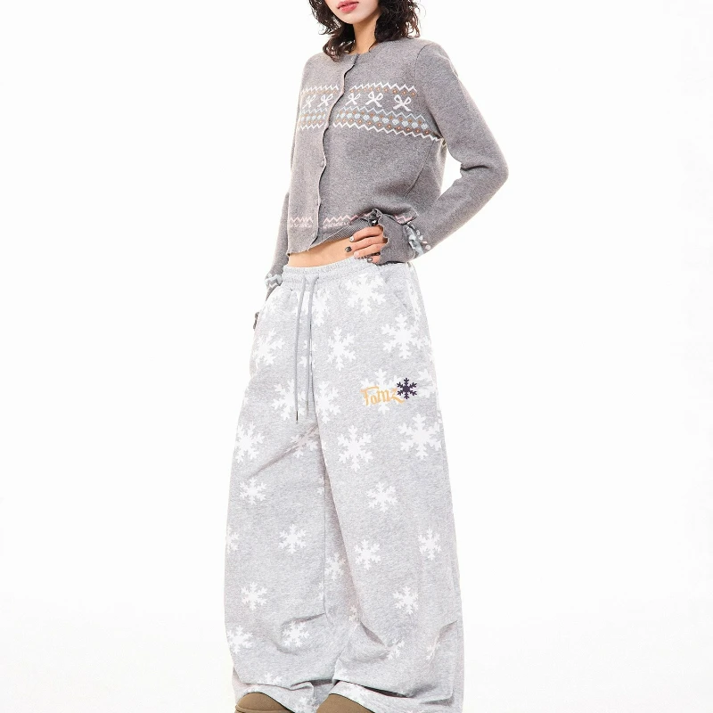 الأمريكية رمادي ندفة الثلج طباعة كاملة الصوف سراويل تقليدية نسائية 2025 شتاء جديد فضفاض متعدد الاستخدامات الدافئة واسعة الساق بنطلون السيدات #4