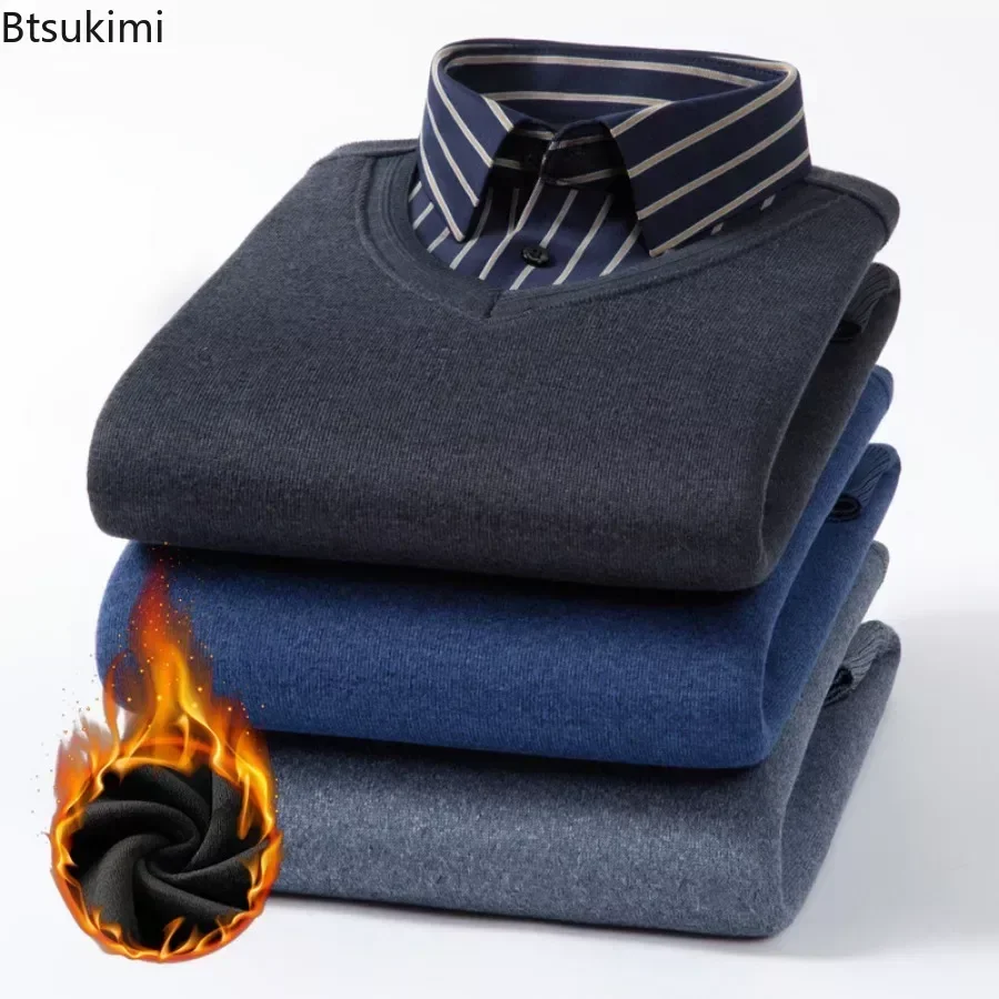 New Men's Winter Pullovers Turn-down Collar Button Solid Long Sleeve Shirts Sweater Fake Two Pieces Warm Bottoming Shirt for Men