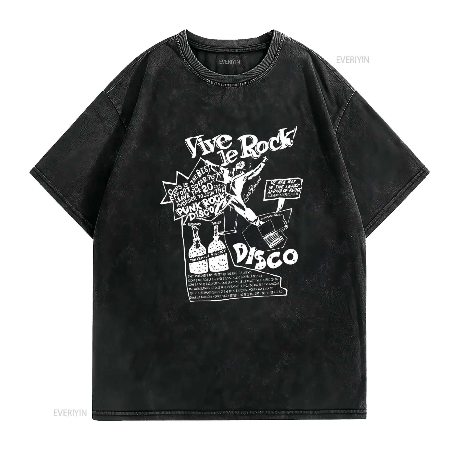 Retro Streetwear Vive Le Rock Punk Disco Music Black White Line Art Print Casual T Shirt vintage Washed Stylish Soft Versatile