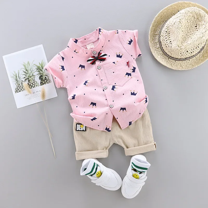 IENENS Boys Bow Clothes Sets Short Sleeve Shirts + Shorts Suit Summer Toddler Crown Pattern Clothing Outfits Kids Party Wear