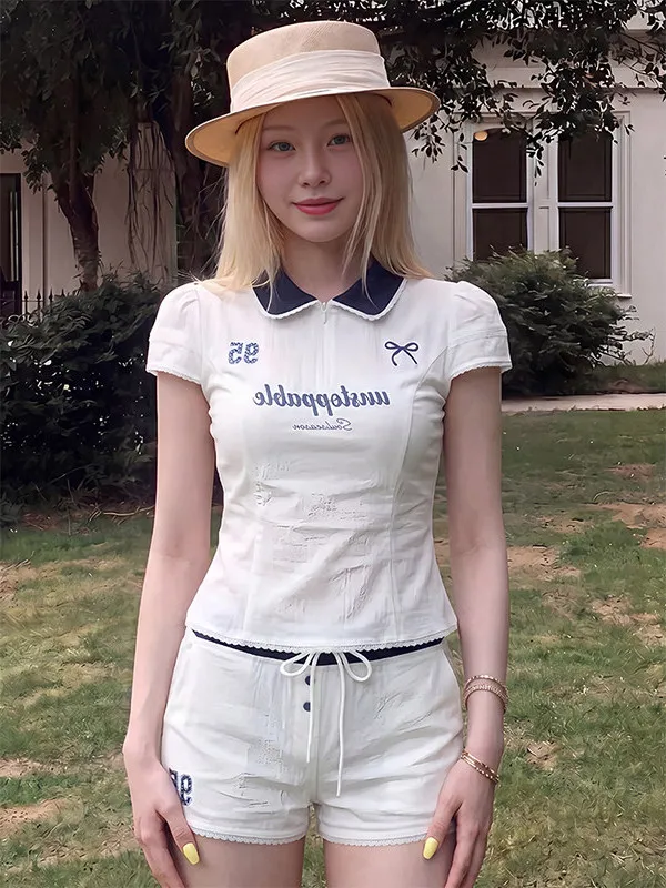 

Summer Sport Style Women's Short Sleeve Shirt Lace Trim Slim Fit Korean College Style Top Breathable Lightweight Casual Wear