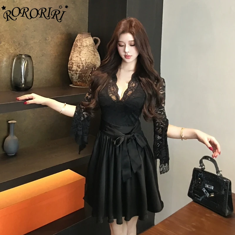 

RORORIRI Desire Lace Spliced V-neck Mini Dress Women Strappy Bow Split Long Sleeves A-line Black One-piece Sexy Vintage Clothes