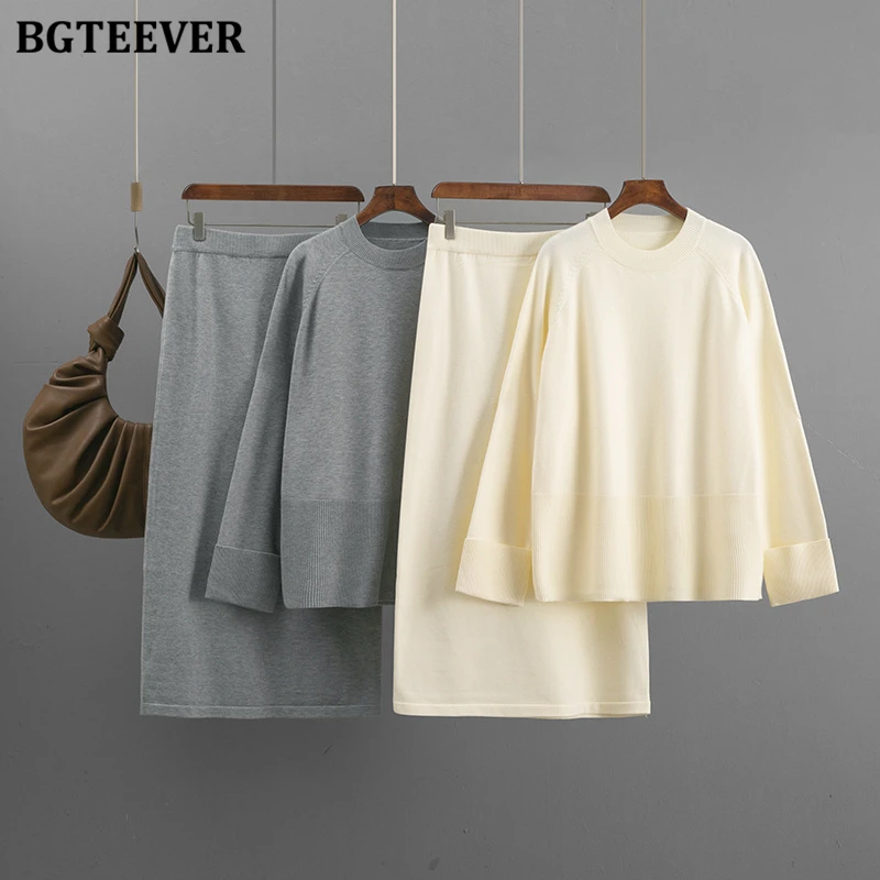 

BGTEEVER, осенне-зимний повседневный теплый женский комплект из 2 предметов, вязаный комплект, свитера с длинными рукавами и круглым вырезом, джемперы и прямые юбки с высокой талией