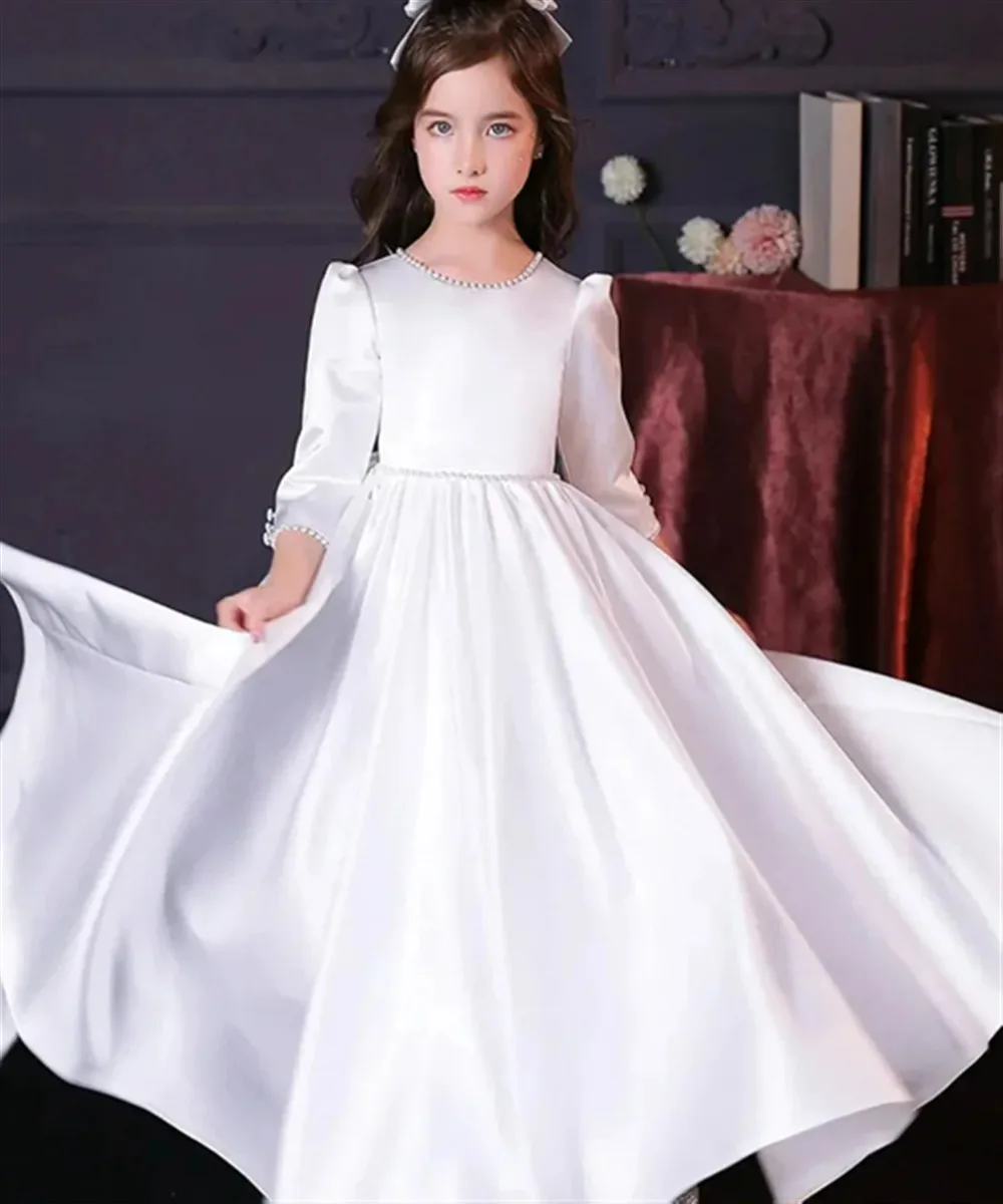 

Elegant Flower Girl Dress for Wedding Satin Pearls Bow Princess Birthday Party Dress Kids First Communion Gown Customized
