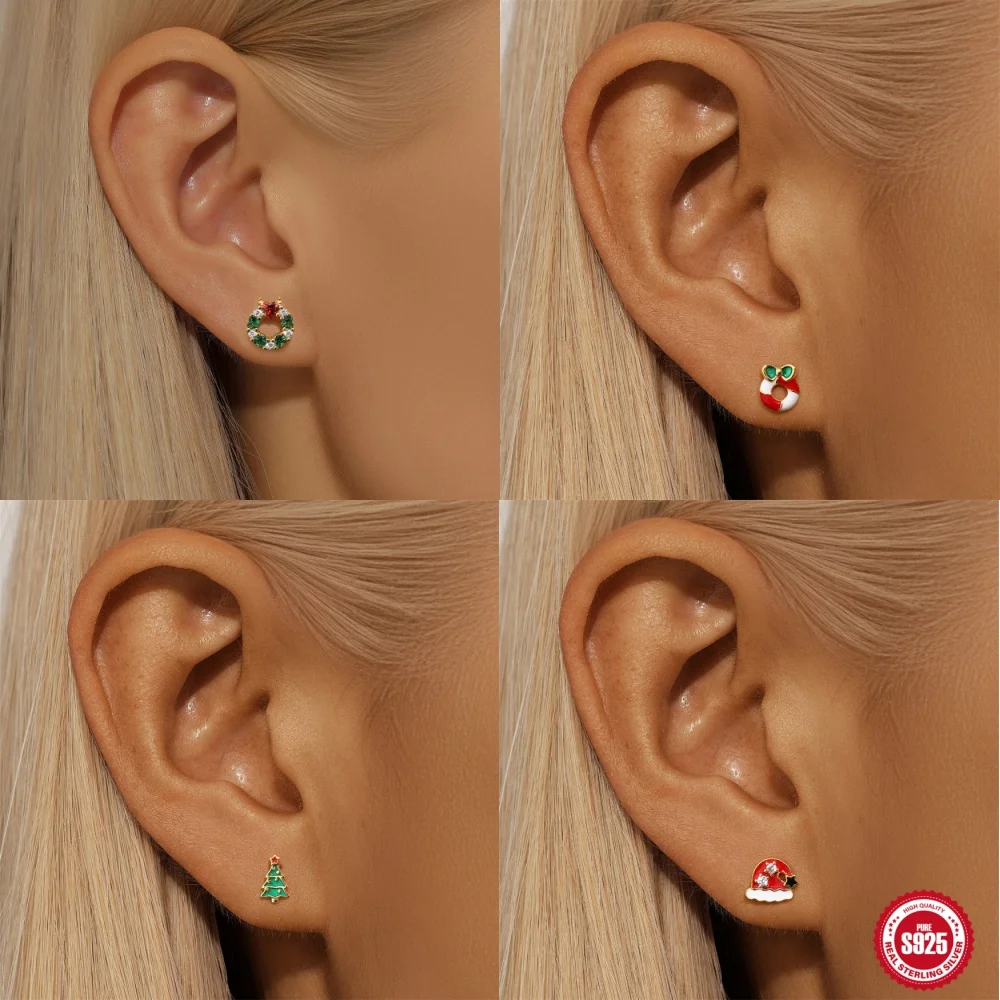 

Canner 925 Sterling Silver Winter Christmas Tree/Hat/candy Stud Earrings For Women New Year decorate Party Jewelry Xmas Gift
