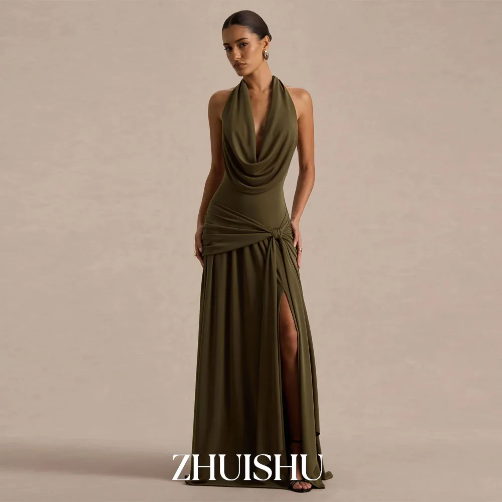 

ZHUISHU Draped Collar Sexy Evening Dresses Backless High Slit Sleeveless Long Prom Party Dresses Women Special Occasion Gown
