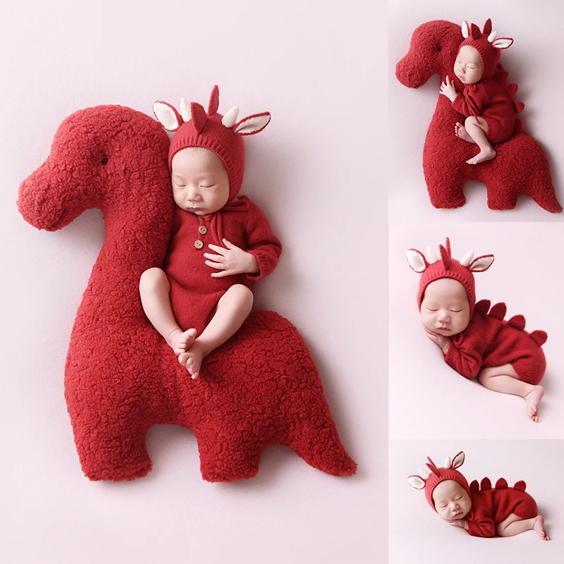 

Newborn Photography Clothing New Year Red Dragon Theme Outfit Posing Dinosaur Doll Pillow Photo Props Studio Shoot Accessories