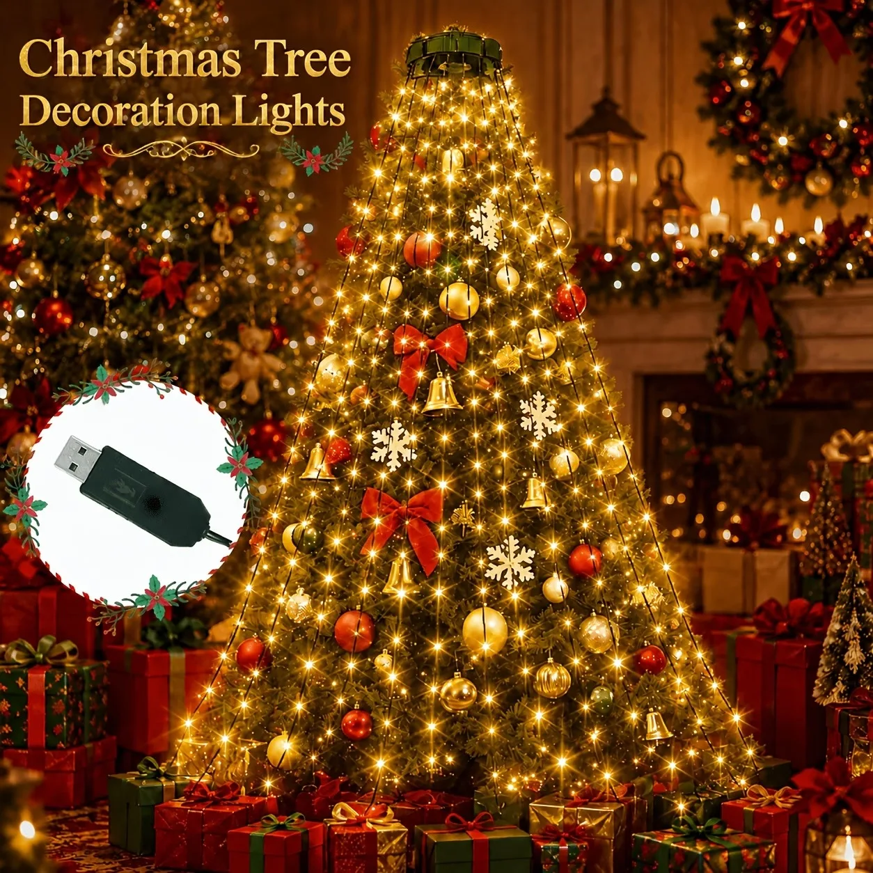 USB Ring-Shaped Christmas Tree Top Light, Dark Green Light String, USB Powered, the Ring-Shaped Top Ring Produces a Waterfall Light Effect Upon Placement. Available in Two Specifications: 220Led and 400Led, the String Lights Are 2m in Length, and the Lead Wires Are 3m in Length. 8 Lighting Modes, Freely Switchable between Warm and Colorful Dual Light Effects, Easily Create a Festive Christmas Atmosphere.