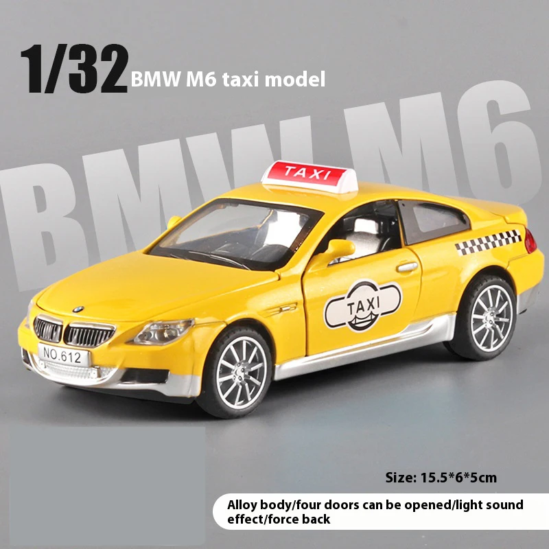 1:32 BMW M6 Taxi Alloy Car Toy Diecast Metal Model Simulation Sound Light Pull Back Children Toy Car Decoration Ornament Collect