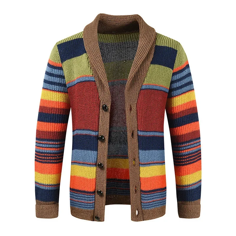 

2023 New European and American Men's Sweater Coat Autumn and Winter Polo Collar Contrast Knitted Cardigan