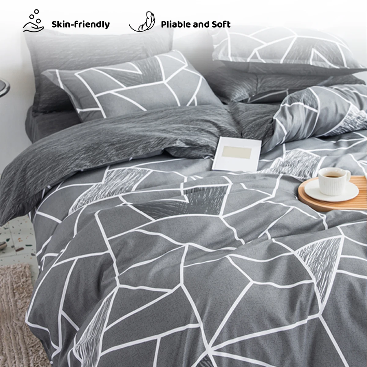 3PCS Geometric Crack Line Print Bedding Set Microfiber Duvet Cover Grey Modern Pattern Bed Linens Reversible Design For Bedroom