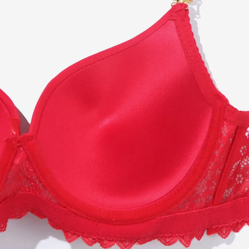 BEAUWEAR Christmas Red Push Up Padded Bra With Rhinestone And Metallic Texture Lace Design