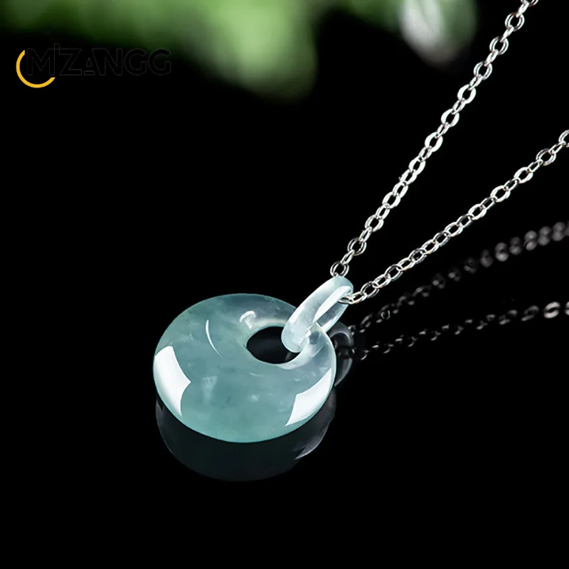 Natural 925 Silver Jadeite Blue Water Hollow-out Peace Buckle Pendant Exquisite Luxury Ice Jade Women's Necklace Birthday Gift