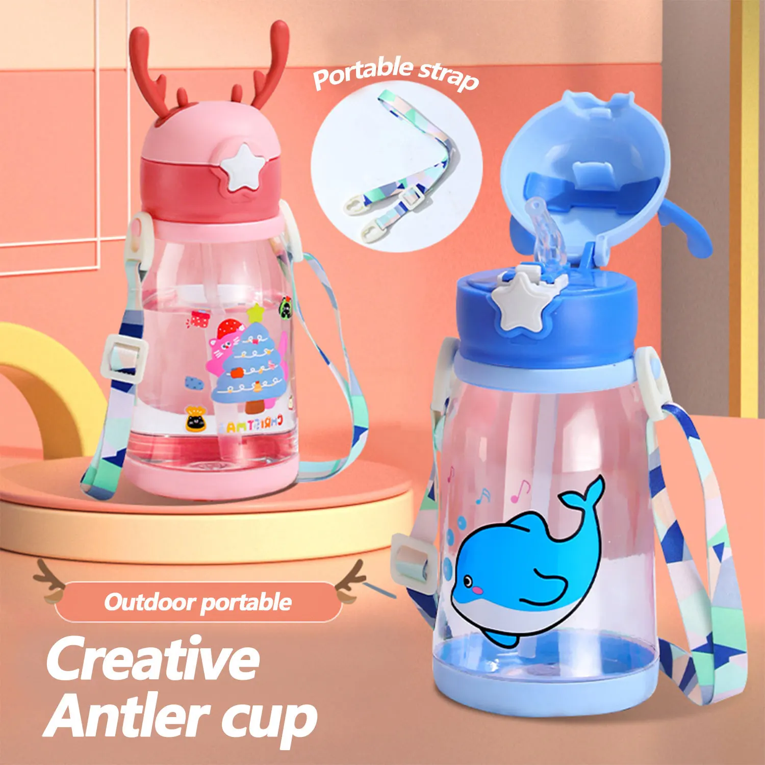 

Cartoon antler straw cup children's water cup 600ml large capacity outdoor sports water cup with strap Christmas gift