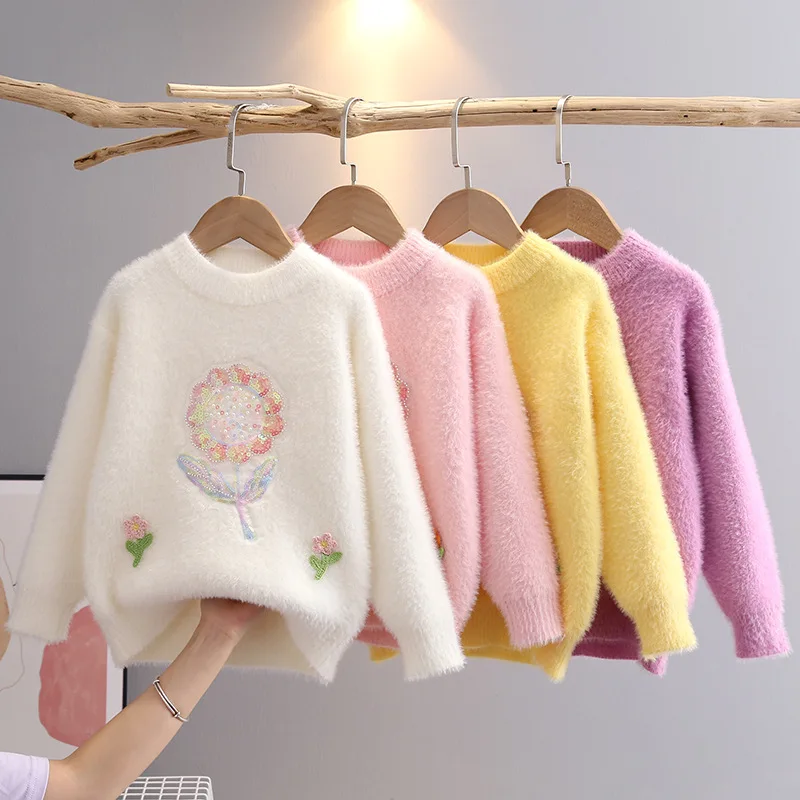 

2023 Baby Girls Sweater Pretty Appliques Casual Clothes Autumn Winter Children Pullover Bling Flowers Knitting Kids Tops GY08152