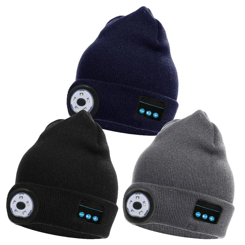 Winter Beanie Hat Unisex Beanie Soft Black Knitted Hat Wireless BT 5.0 Smart Caps Stereo Headphone Headset With LED Light