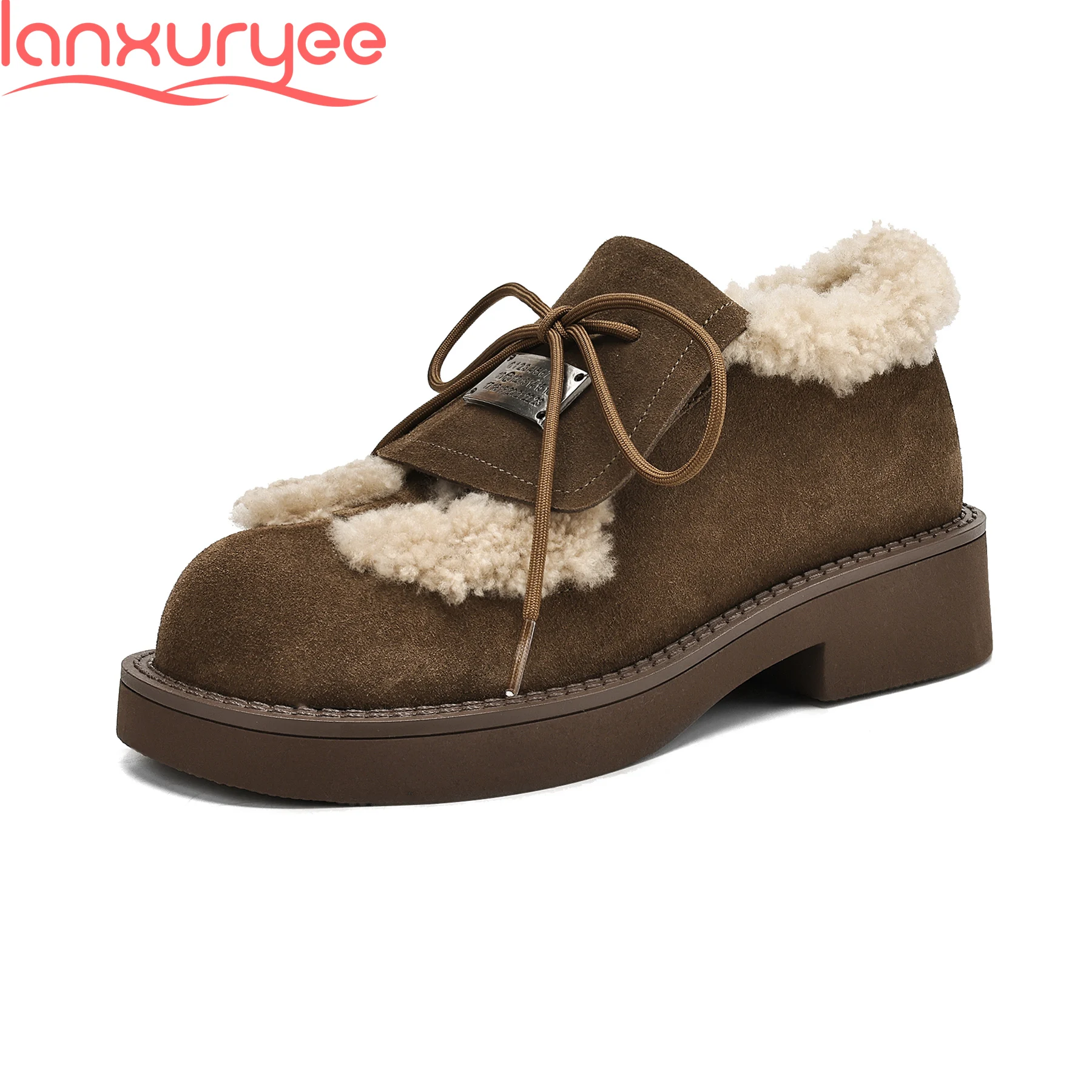 

Lanxuryee Vintage Cow Suede Cold Resistant Wool Loafers Casual Winter Spring Vulcanized Shoes Butterfly-knot Luxury Women Pumps