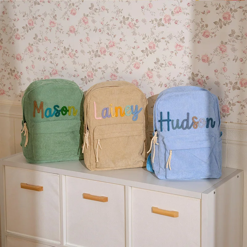 Children's Schoolbags Custom Embroidered 2025 New Corduroy Kindergarten Schoolbags for Boys and Girls Primary School Students