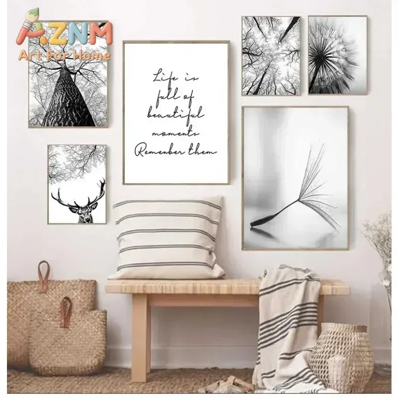 Abstract Canvas Painting Wall Poster Feather Leaves Dandelion Flower Modern Black White  Pictures for Home Decor