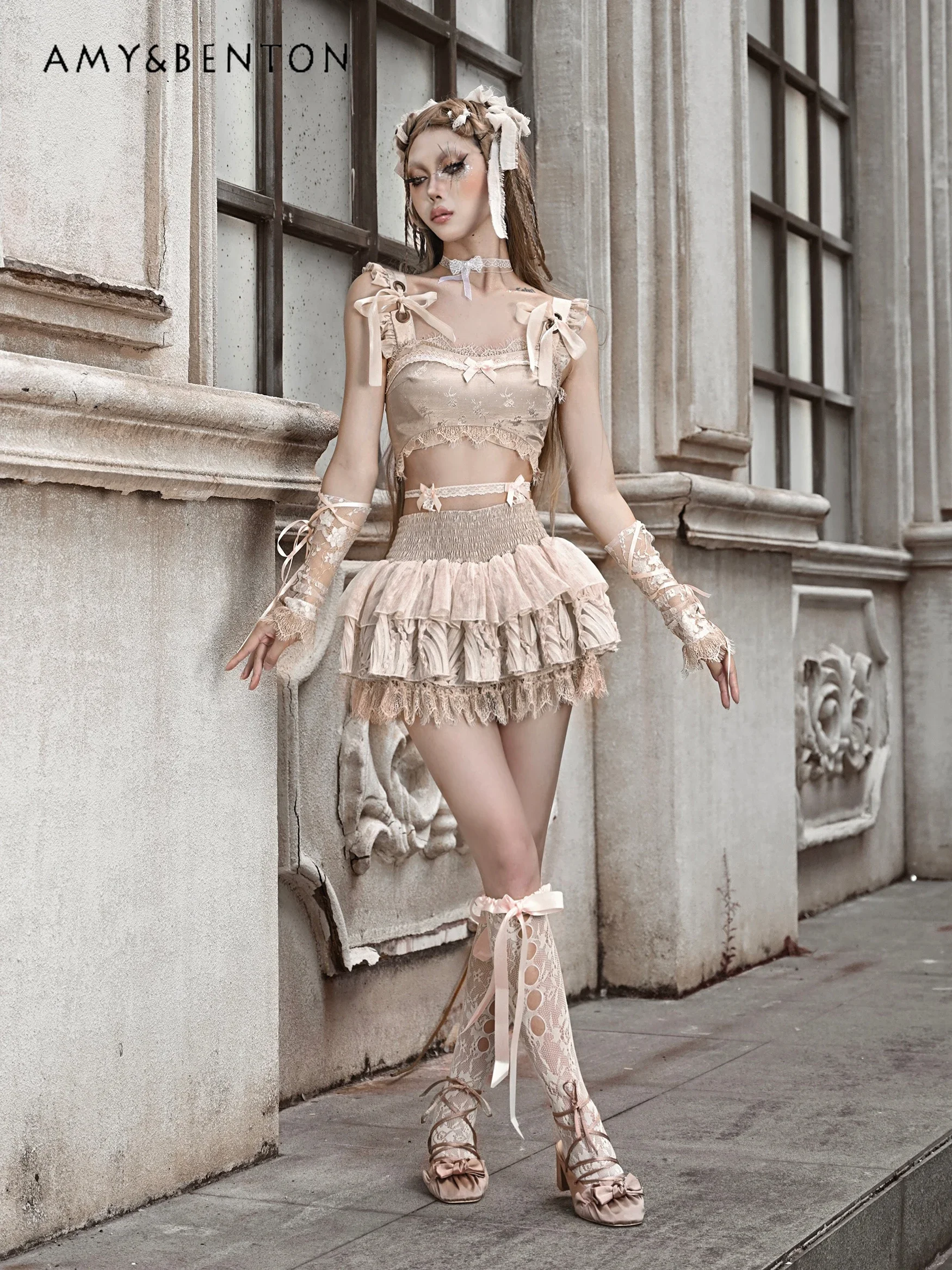 Blood Supply Original Ballet Style French Lace Bow Short Vest Multi-layer Cake Skirt Two-piece Set Subculture Punk Style Outfits